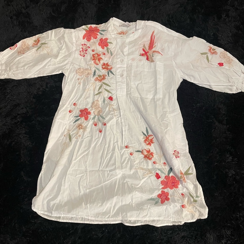 JOHNNY WAS Workshop Oversized White Embroidered Button-up Dress